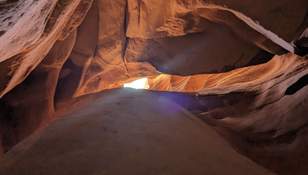 View of a narrow canyon with light streaming in from above.
